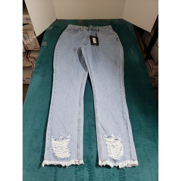 PrettyLittleThing Jeans Size 6 Women Blue Pants Mid Rise Ripped Hem Straight NWT - Picture 1 of 14